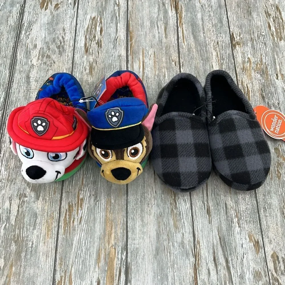 Baby Toddler Boy Plaid & Aline Paw Patrol Plush Slippers Shoes 2-Pack Size 7-8